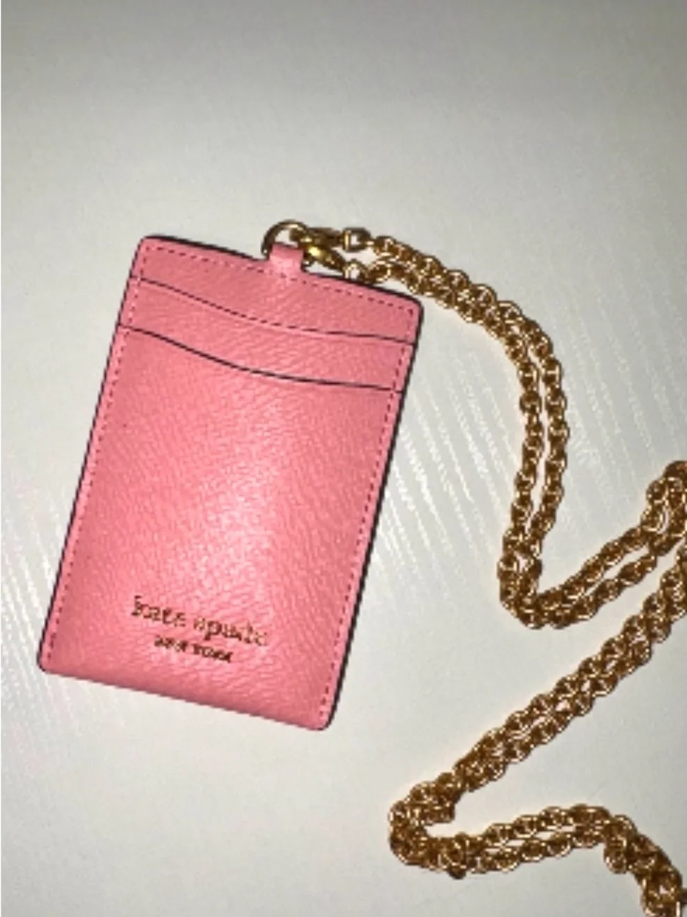 kate spade Pink Leather Card & Key Holder with Gold Chain lanyard EUC